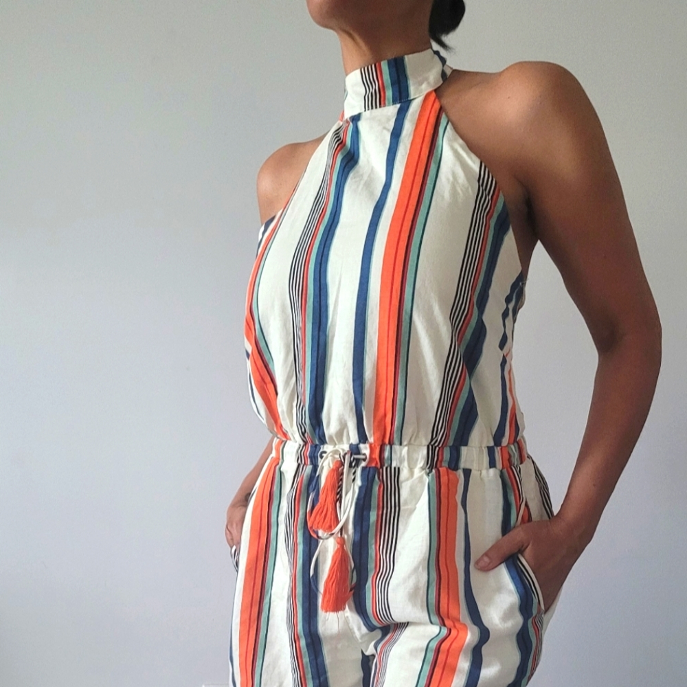 Backless Multicolored Striped Romper